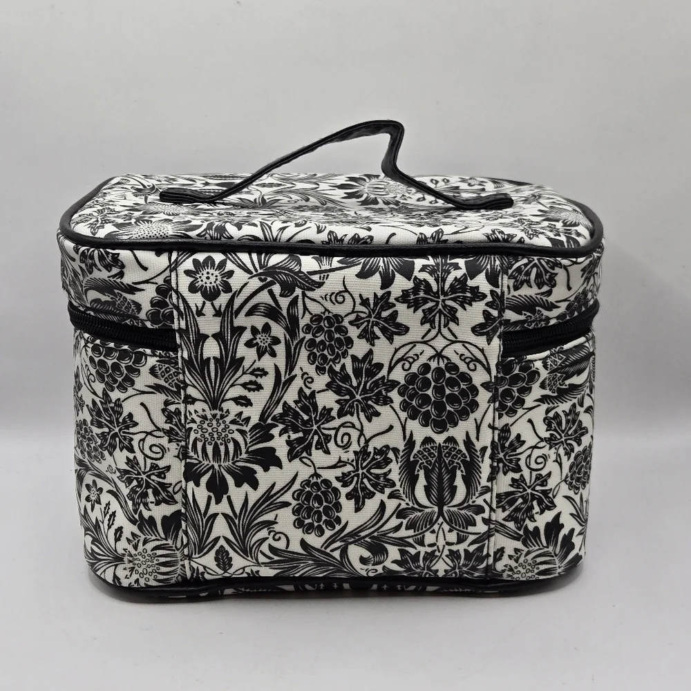Bella Russo Makeup Bag Black & White Floral Design Zipper Closure Top Handle